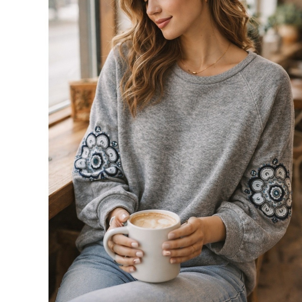 LOFT Womens Embroidered Floral Sleeve Sweatshirt Size S Pullover Cozy Boho